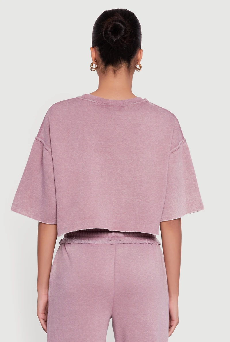 Womens Acid Wash Short Sleeve Cropped Sweatshirt, Purple, Size M