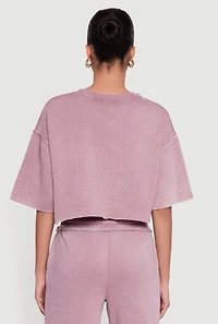 Womens Acid Wash Short Sleeve Cropped Sweatshirt, Purple, Size M