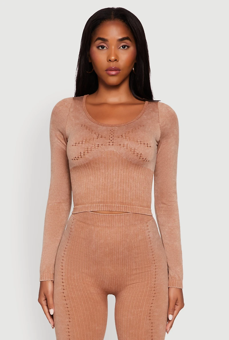 Womens Seamless Laser Cut Corset Detail Crop Top, Brown, Size M-L