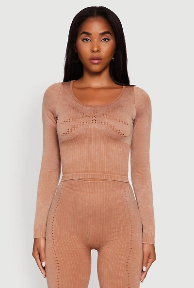 Womens Seamless Laser Cut Corset Detail Crop Top, Brown, Size M-L