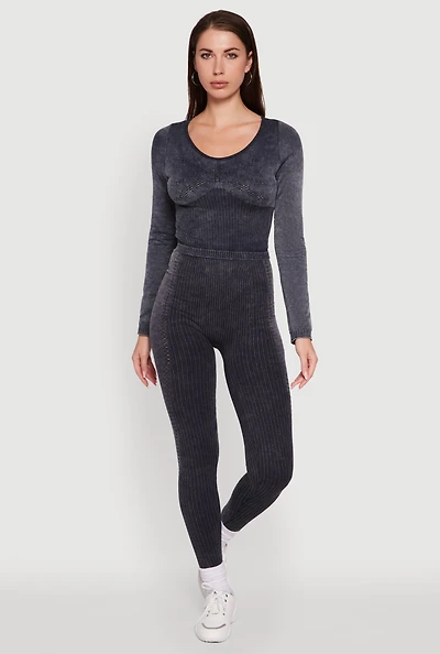 Womens High Waisted Acid Wash Ribbed Knit Seamless Leggings, Grey, Size M-L