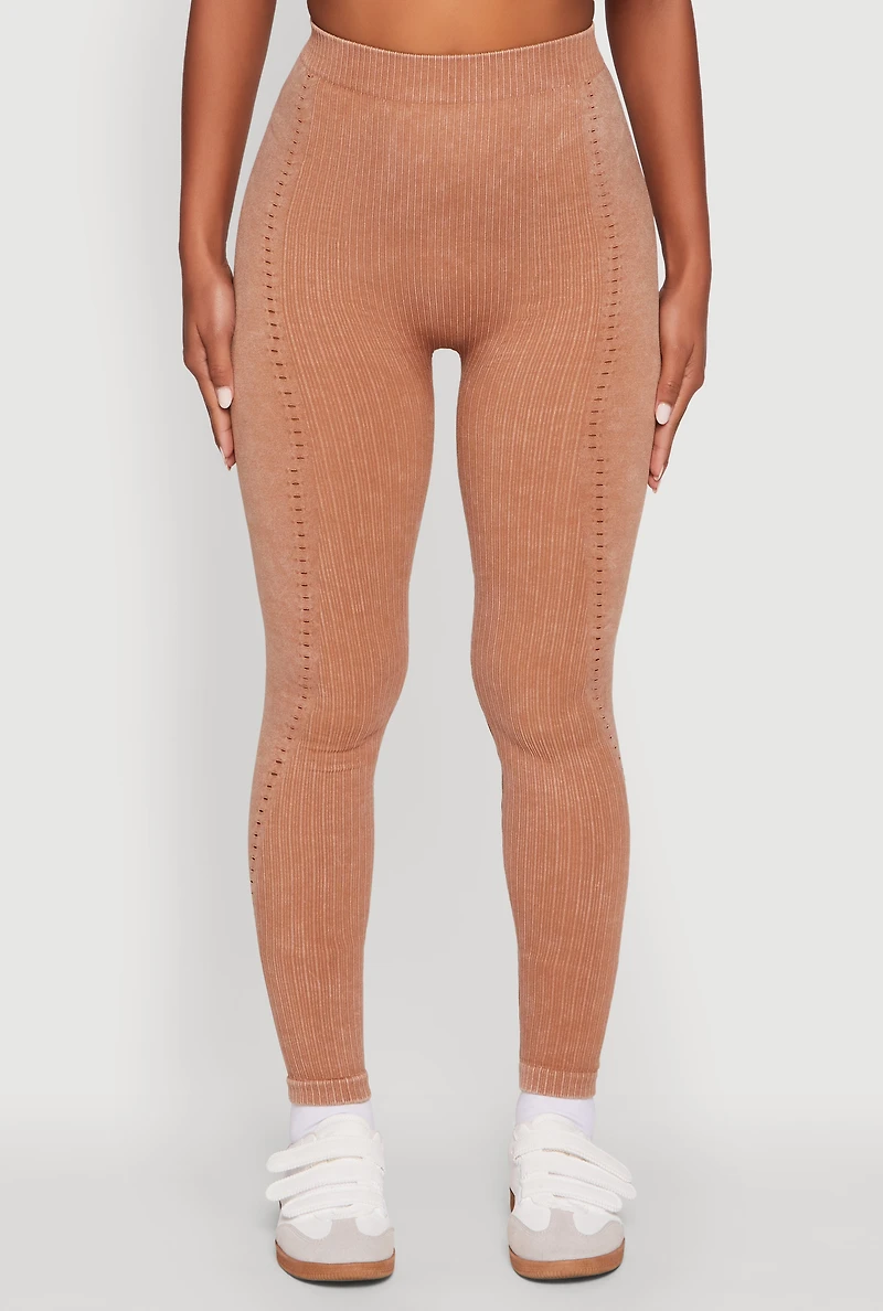 Womens High Waisted Acid Wash Ribbed Knit Seamless Leggings, Khaki, Size M-L