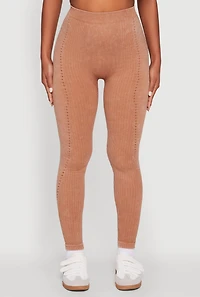 Womens High Waisted Acid Wash Ribbed Knit Seamless Leggings, Khaki, Size M-L