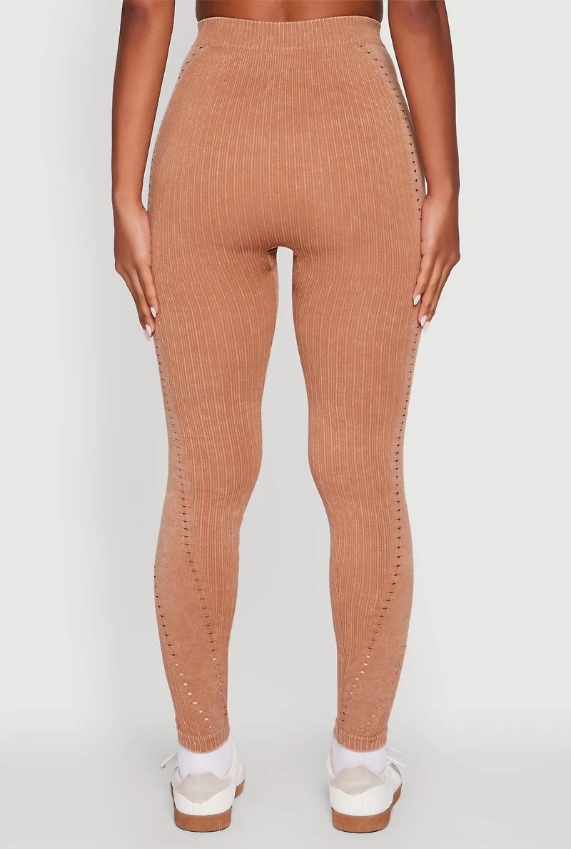 Womens High Waisted Acid Wash Ribbed Knit Seamless Leggings, Khaki, Size M-L