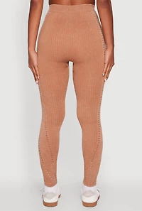 Womens High Waisted Acid Wash Ribbed Knit Seamless Leggings, Khaki, Size M-L