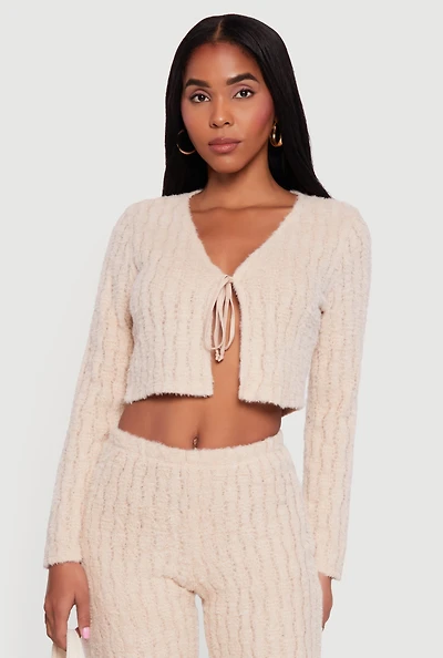 Womens Eyelash Knit Tie Front Long Sleeve Crop Top, Beige,