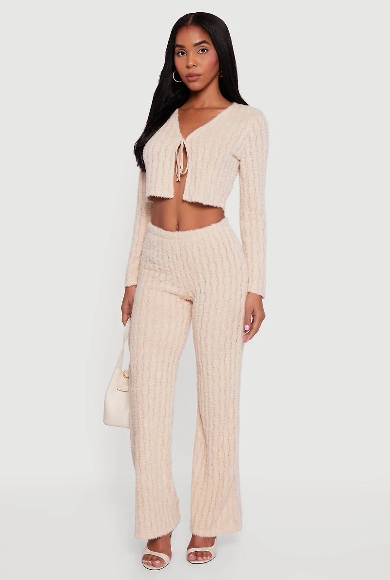 Womens Eyelash Knit Tie Front Long Sleeve Crop Top, Beige,