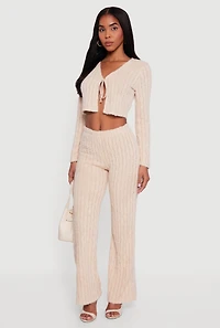 Womens Eyelash Knit Tie Front Long Sleeve Crop Top, Beige,