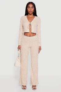 Womens Eyelash Knit Tie Front Long Sleeve Crop Top, Beige,