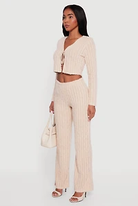 Eyelash Knit Tie Front Long Sleeve Crop Top