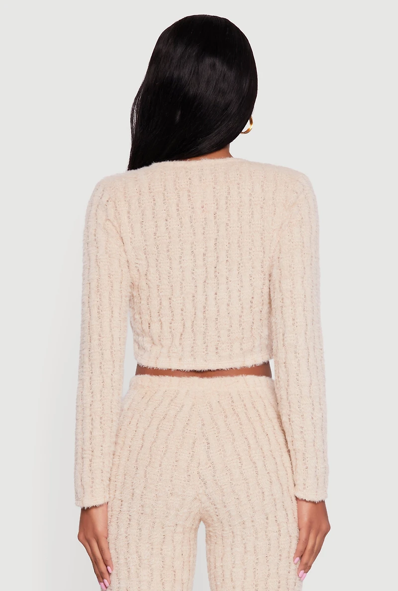 Eyelash Knit Tie Front Long Sleeve Crop Top
