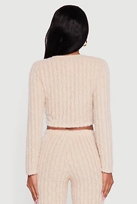 Eyelash Knit Tie Front Long Sleeve Crop Top