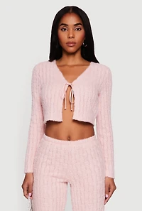 Eyelash Knit Tie Front Long Sleeve Crop Top