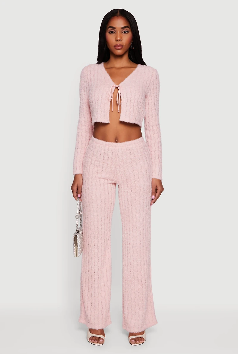 Eyelash Knit Tie Front Long Sleeve Crop Top