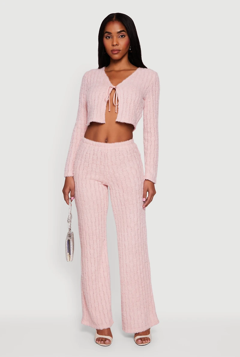 Womens Eyelash Knit Tie Front Long Sleeve Crop Top, Pink, Size XL