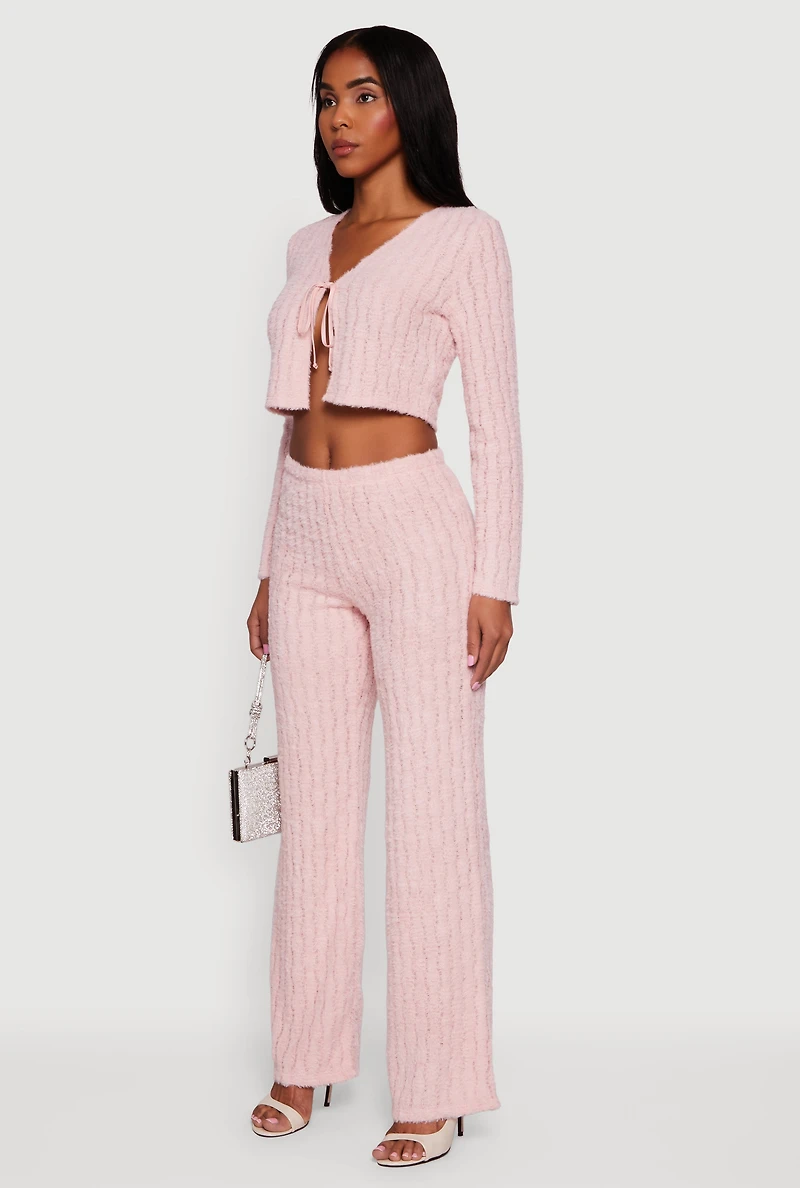 Eyelash Knit Tie Front Long Sleeve Crop Top