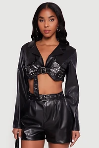 Faux Leather Cropped Belted Front Studded Jacket
