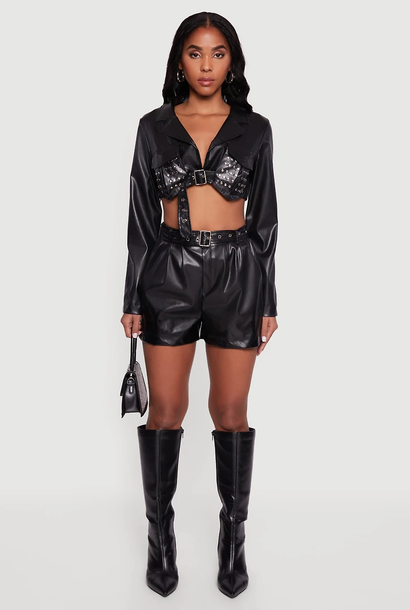 Faux Leather Cropped Belted Front Studded Jacket