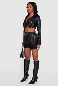 Faux Leather Cropped Belted Front Studded Jacket