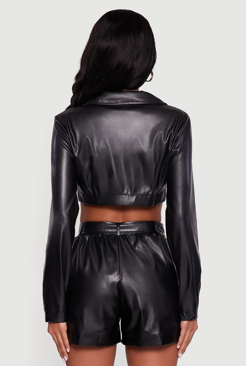 Faux Leather Cropped Belted Front Studded Jacket