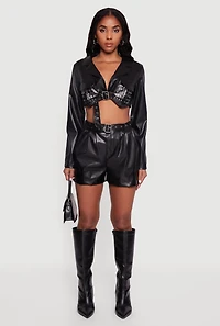 Womens Belted Faux Leather High Waisted Pleated Shorts, Black, Size M