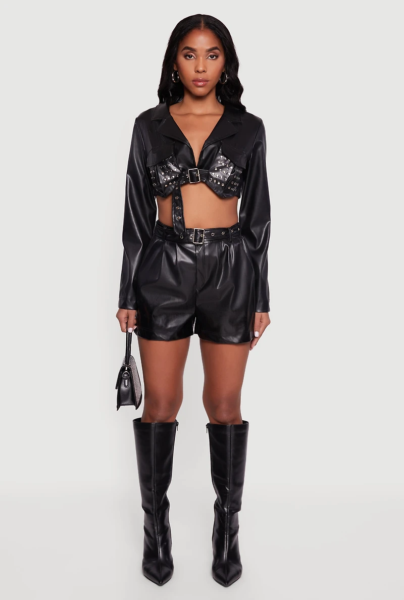 Belted Faux Leather High Waisted Pleated Shorts