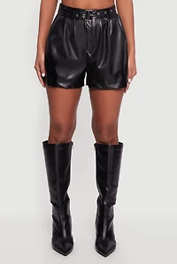 Womens Belted Faux Leather High Waisted Pleated Shorts, Black, Size M