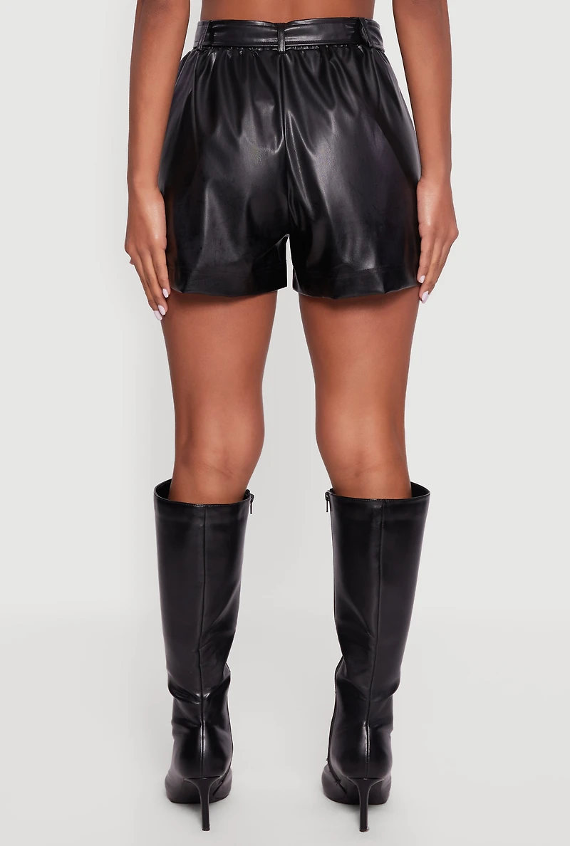 Belted Faux Leather High Waisted Pleated Shorts