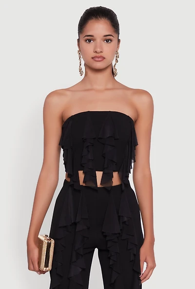 Womens Ruffle Trim Crop Tube Top, Black, Size S