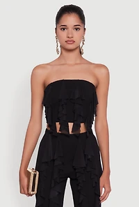 Womens Ruffle Trim Crop Tube Top, Black, Size S