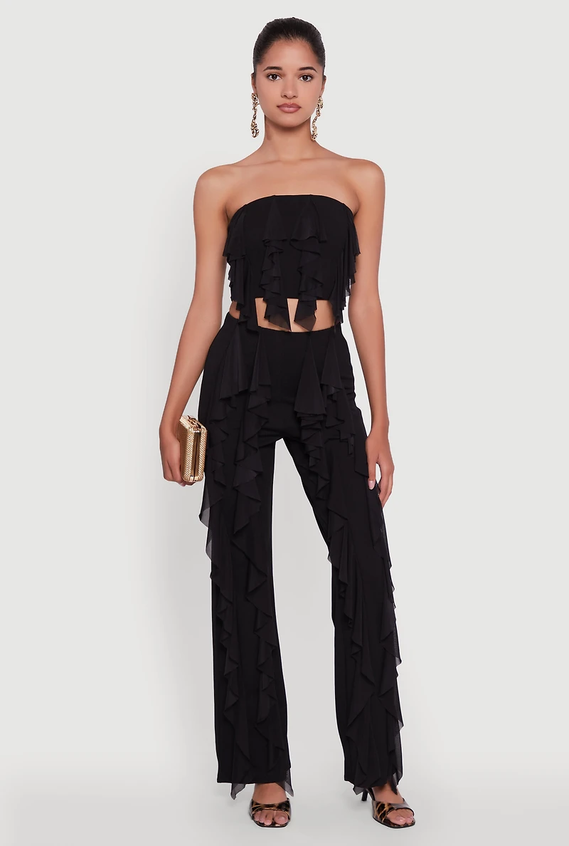 Womens Ruffle Trim Crop Tube Top, Black, Size S