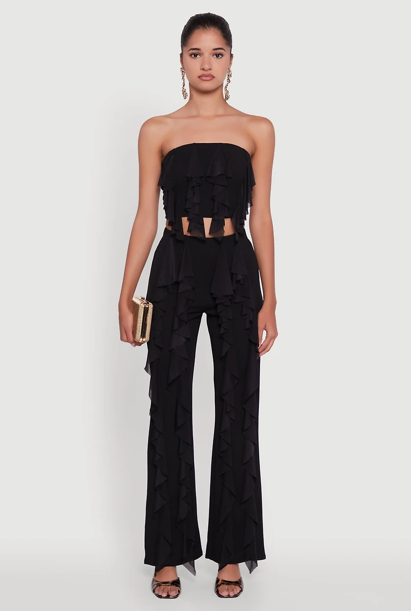 Womens Ruffle Trim Crop Tube Top, Black, Size S