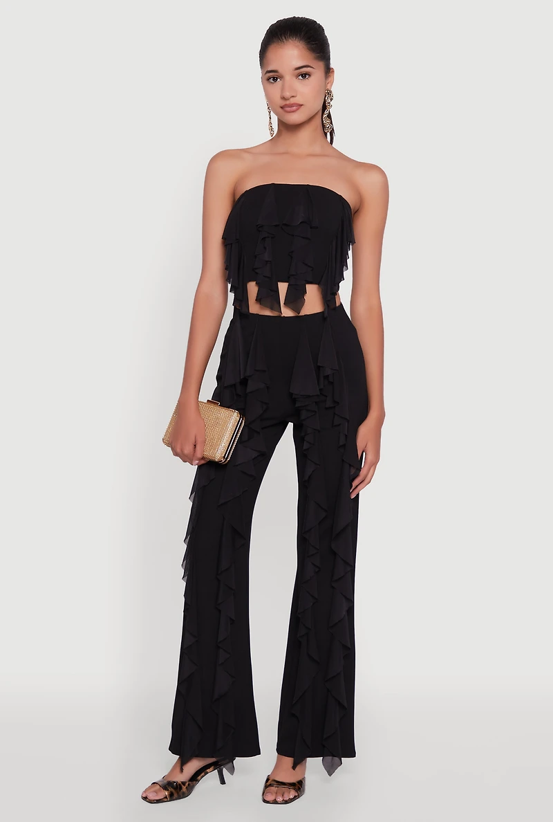 Womens Ruffle Trim High Waisted Flared Leg Pants, Black, Size L