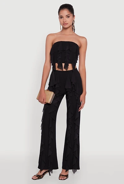 Womens Ruffle Trim High Waisted Flared Leg Pants, Black, Size L