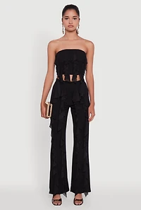 Womens Ruffle Trim High Waisted Flared Leg Pants, Black, Size L