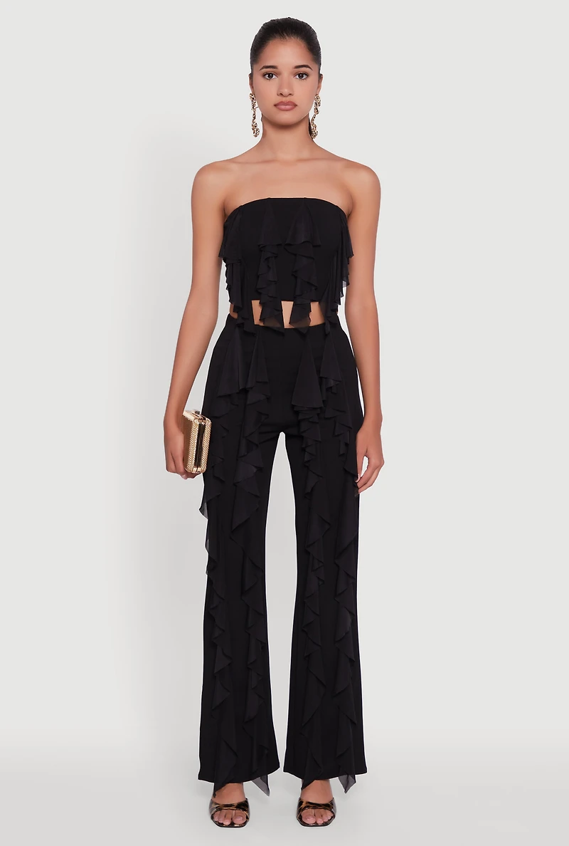 Womens Ruffle Trim High Waisted Flared Leg Pants, Black, Size L