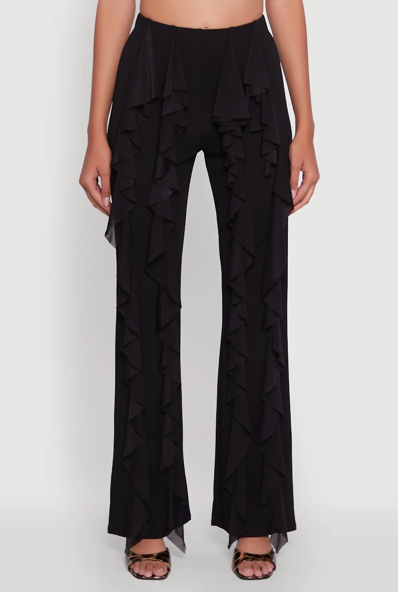 Womens Ruffle Trim High Waisted Flared Leg Pants, Black, Size L