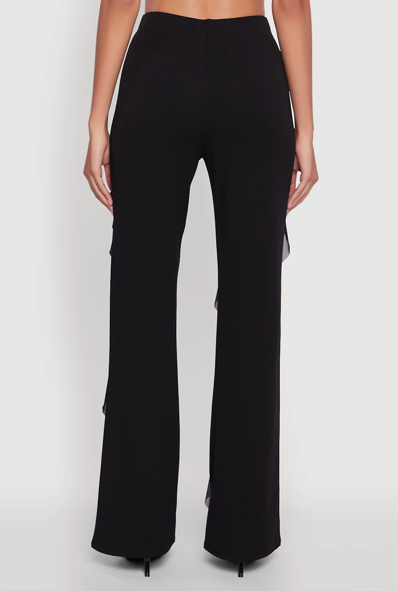 Womens Ruffle Trim High Waisted Flared Leg Pants, Black, Size L