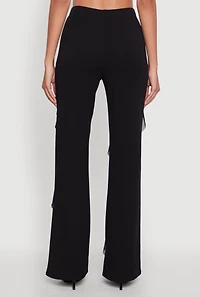 Womens Ruffle Trim High Waisted Flared Leg Pants, Black, Size L