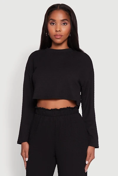 Womens Trendy Textured Knit Long Sleeve Crop Top, Black, Size XL