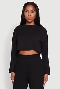Womens Trendy Textured Knit Long Sleeve Crop Top, Black, Size XL