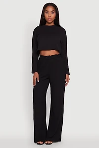 Womens Trendy Textured Knit Long Sleeve Crop Top, Black, Size L