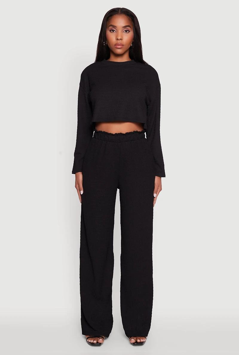 Womens Trendy Textured Knit Long Sleeve Crop Top, Black, Size M