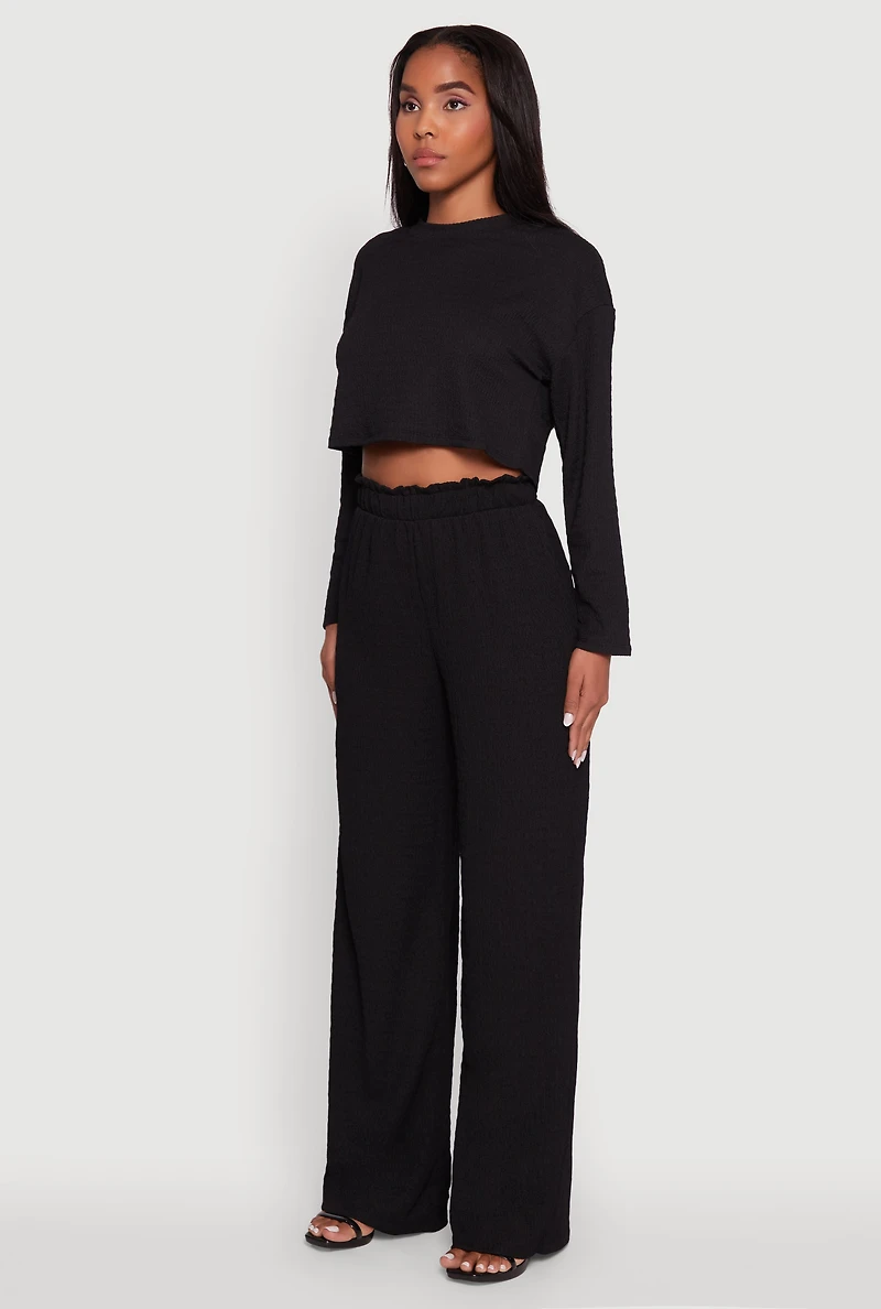 Womens Trendy Textured Knit Long Sleeve Crop Top, Black, Size M