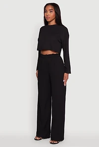 Womens Trendy Textured Knit Long Sleeve Crop Top, Black, Size XL