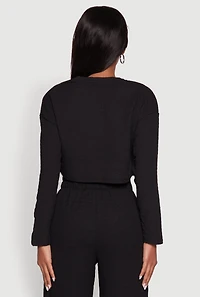 Womens Trendy Textured Knit Long Sleeve Crop Top, Black, Size L