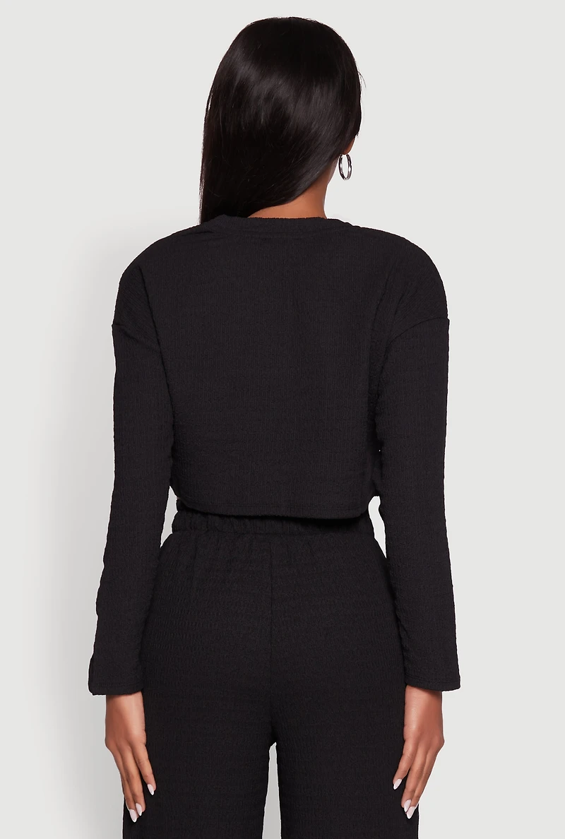 Womens Trendy Textured Knit Long Sleeve Crop Top, Black, Size M