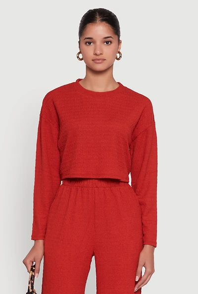 Womens Trendy Textured Knit Long Sleeve Crop Top, Red, Size M