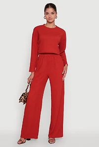 Womens Trendy Textured Knit Long Sleeve Crop Top, Red, Size M