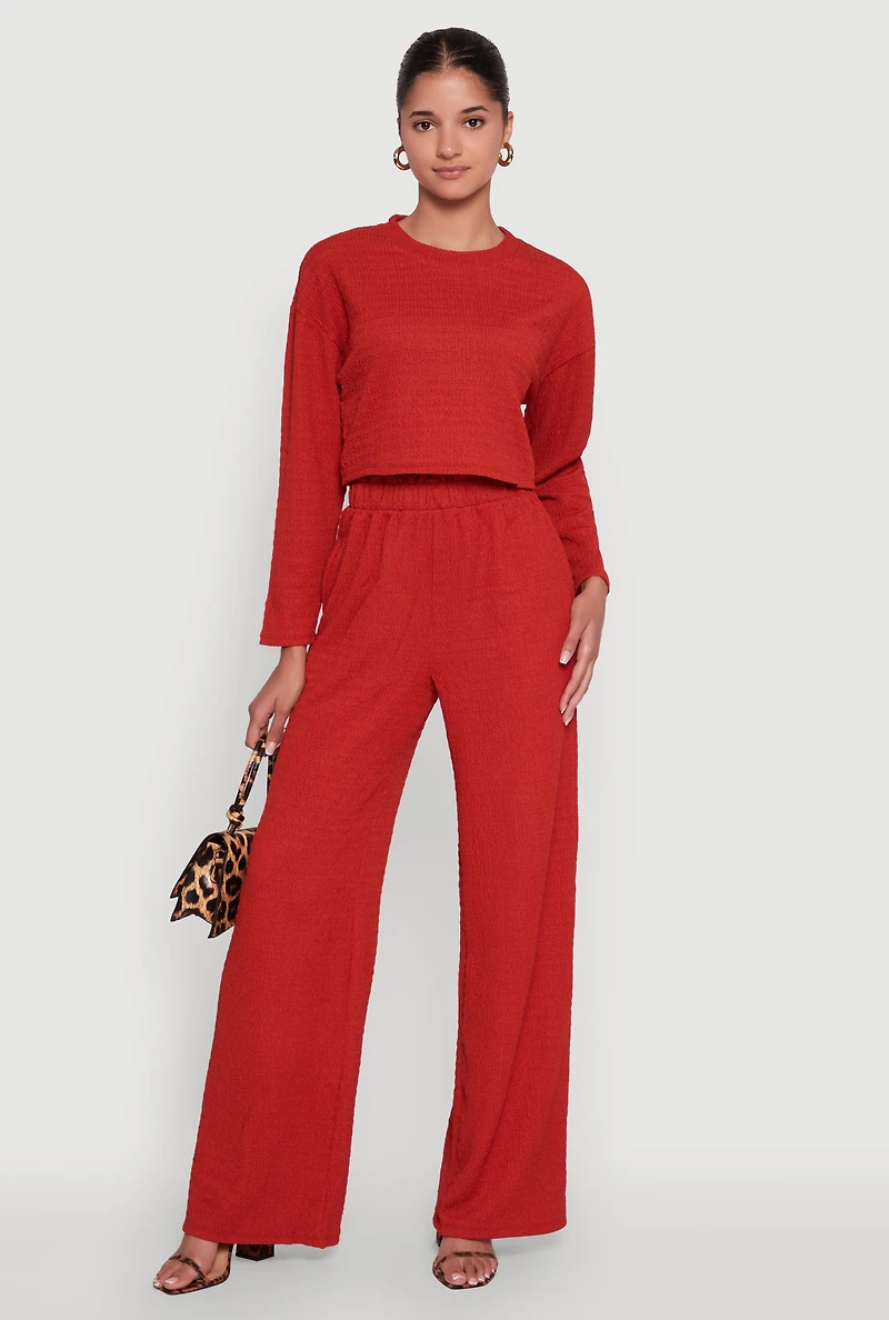 Womens Trendy Textured Knit Long Sleeve Crop Top, Red, Size S